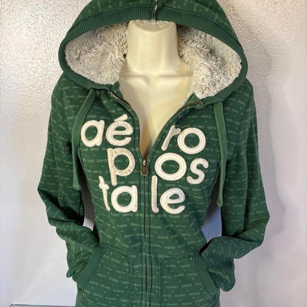 Iconic Y2K Aéropostale Fur Green Hearts Zip Up Hoodie Jacket Size M Bella Swan